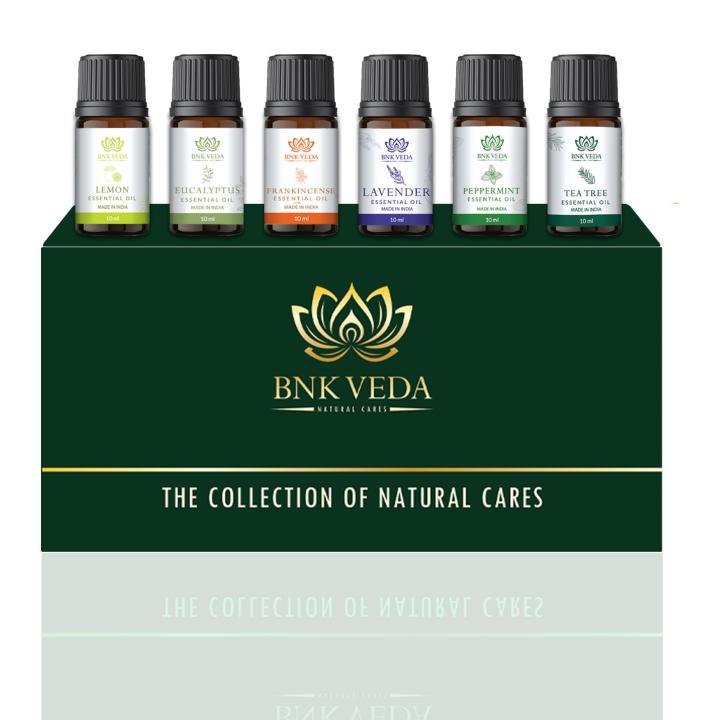 BNK VEDA Natural Cares Essential Oils Set (6x10ml) | Lavender Oil | Peppermint Oil | Tea Tree Oil | Eucalyptus Oil | Lemon Oil | Frankincense Oil | Pure & Organic Essential Oils