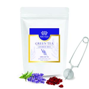 BNK VEDA Lavender Rose Green Tea (100g) with Free Infuser| Detox & Wellness Tea | Loose Leaf & Tea Bags | Fresh Blend with with Lavender, Rose Petals & Green Tea