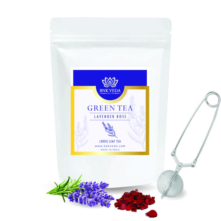 BNK VEDA Lavender Rose Green Tea (100g) with Free Infuser| Detox & Wellness Tea | Loose Leaf & Tea Bags | Fresh Blend with with Lavender, Rose Petals & Green Tea