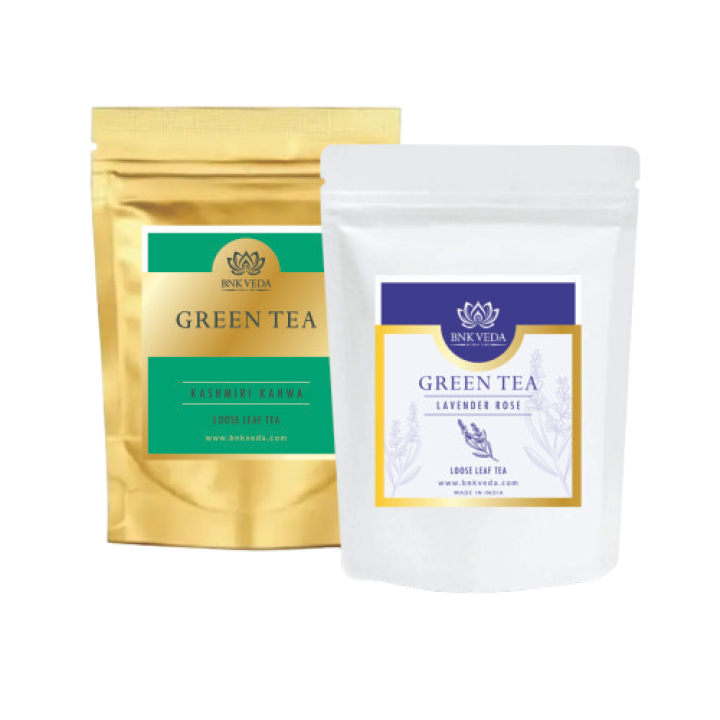 BNK VEDA Lavender Rose & Kashmiri Kahwa Green Tea (2x100) Wellness Tea | Loose Leaf & Tea Bags |Saffron & Spices | Detox Green Tea | Rich in Antioxidants | Premium Loose Green Tea