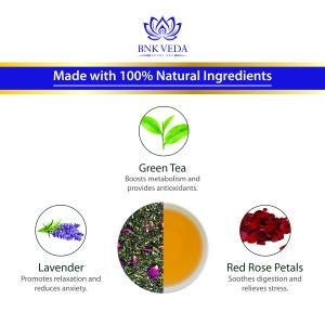 BNK VEDA Lavender Rose Green Tea (100g) | Detox & Wellness Tea | Loose Leaf & Tea Bags | Fresh Blend with Lavender, Rose Petals & Green Tea | Flavoured Herbal Green Tea