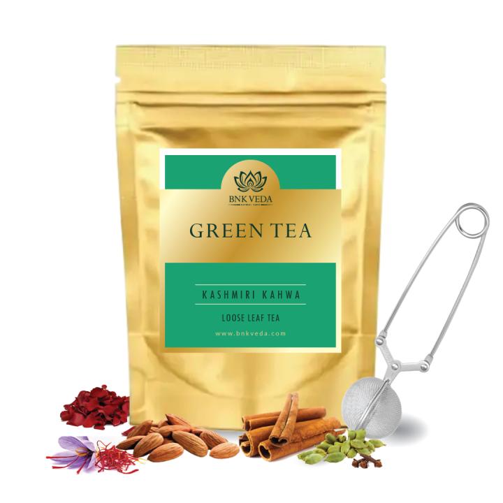 BNK VEDA Kashmiri Kahwa Green Tea (100g) With Free Infuser | Detox & Organic Green Tea Leaves | Loose Leaf & Tea Bags | Ayurvedic Kahwa Blend